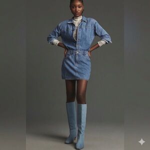 Pilcro Long-Sleeve Denim Micro Mini Shirt Dress Size Medium Blue Anthropologie